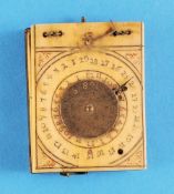 Klappsonnenuhr mit eingelassenem Kompass, bestehend aus Holzmittelteil und 2 Beinplatten