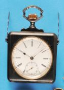 Viereckige brünierte Metalltaschenuhr, seitlich mit zwei Aufstellbügeln