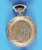 Große Nickeltaschenuhr mit reliefierter Darstellung einer Werkstattszene