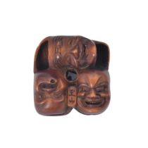 Ω GYOKUZANA WOOD GROUP OF SEVEN KYOGEN AND NOH MASK NETSUKE, EDO PERIOD (1615-1868), 19TH CENTURY