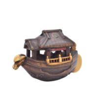 λ TADATOSHIA WOOD AND IVORY NETSUKE OF A BOAT, EDO PERIOD (1868-1912), 19TH CENTURY