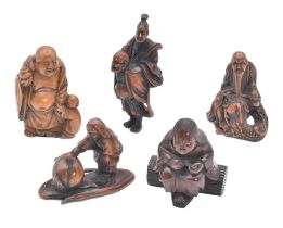 FIVE WOOD FIGURE NETSUKE, EDO PERIOD (1615-1868), 19TH CENTURY