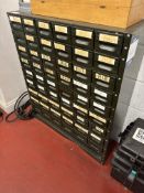 Metal 54-drawer storage unit with assorted measuring gauge contents comprising, metric plugs, metric