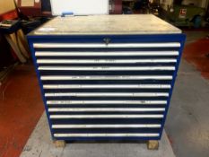 Multi-drawer tool storage unit with contents including carbide tips, reamers, long series drills,