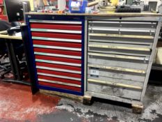 Two multi-drawer tool storage units with contents comprising facemill cutters, inserts, bolts and