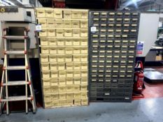 Two multi-drawer storage units with consumable contents and various drill bits