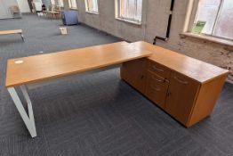 Light Brown Desk With White Metal Leg.