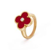 Vintage Alhambra Style Ring Carnelian & Natural Diamond 18ct Yellow Gold