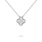 Vintage Alhambra Style Pendant & Chain -18K White Gold - Natural Diamond - Colour D - Clarity VVS