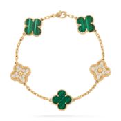 Vintage Alhambra style Bracelet - 18k Yellow Gold - Round Diamonds 2.41 Carat - D - VVS & Malachite