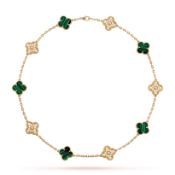 Vintage Alhambra style Necklace-18k Yellow Gold - Round Diamonds 2.41 Carat - D - VVS & Malachite