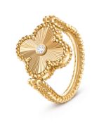 Vintage Alhambra style Reversible Ring - 18k Yellow Gold-Blue Agate & Natural Diamond - D Colour VVS