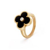 Vintage Alhambra Style Ring Black Onyx & Natural Diamond 18ct Yellow Gold