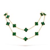 Vintage Alhambra style Long Necklace Malachite -18ct Yellow Gold