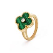 Vintage Alhambra style Ring Malachite & Natural Diamond 18K Yellow Gold