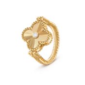 Vintage Alhambra style Reversible Ring - 18k Yellow Gold - Blue Agate&Natural Diamond- D VVS Clarity