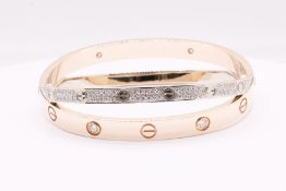 18k White & Rose Gold Diamond Love Bangle Set With Round Brilliant Natural Diamonds 1.47 Carat
