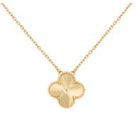 Vintage Alhambra Style Pendant & Chain - 18k Yellow Gold - Guilloche Effect