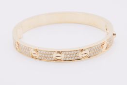 18k Rose Gold Diamond Paved Love Bangle Set With Round Brilliant Natural Diamonds 2.00 Carat