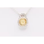 Cushion Cut Fancy Yellow & ( Natural ) Diamond 18k White & Yellow Gold Pendant And Chain
