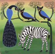 Hashim Mruta Bushier (Tanzanian 1942-1998) Zebra and birds perched in tree