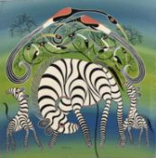 Mbwana Sudi (Tanzanian 1960-2014) Zebra family surrounded by birds in a tree