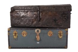 An 18th century leather clad chest and a later steamer trunk (2)