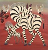Abdul Amonde Mkura (Tanzanian,1954-2023) Mother zebra and foal, Tingatinga school