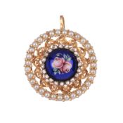 Anhänger/Nadel mit kleinen Zuchtperlen und Diamantrosen und Miniaturmalerei, 750er Gold ca. 12,9