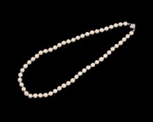 Perlenkette, 54 Akoyaperlen, Schließe 585er Weißgold mit 12 Diamanten, Gesamtgewicht ca. 32,8 g,