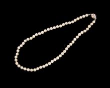 Perlenkette, 64 Akoyaperlen 6,0-6,5 mm, Schließe 585er Weißgold mit Rubinen und Akoyaperlen,