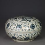 Ming Dynasty Style Xuande Blue and White Porcelain Box with Interlocking Lotus and Phoenix Design