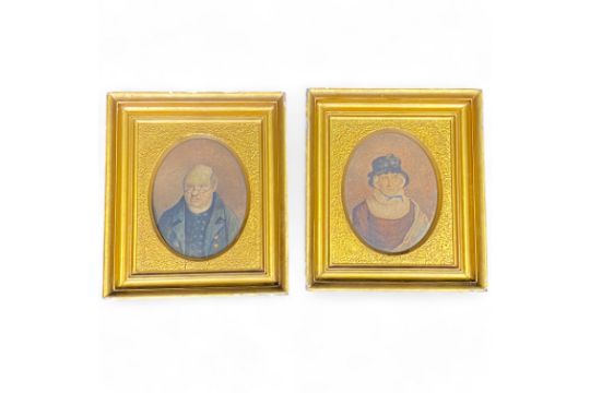 A collection of 18th century and later naive portraits, comprising a pair of watercolour oval - Image 1 of 7