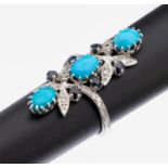 14 kt Gold Türkis-Diamant-Saphir-Ring, WG 585/000, 3 ovale