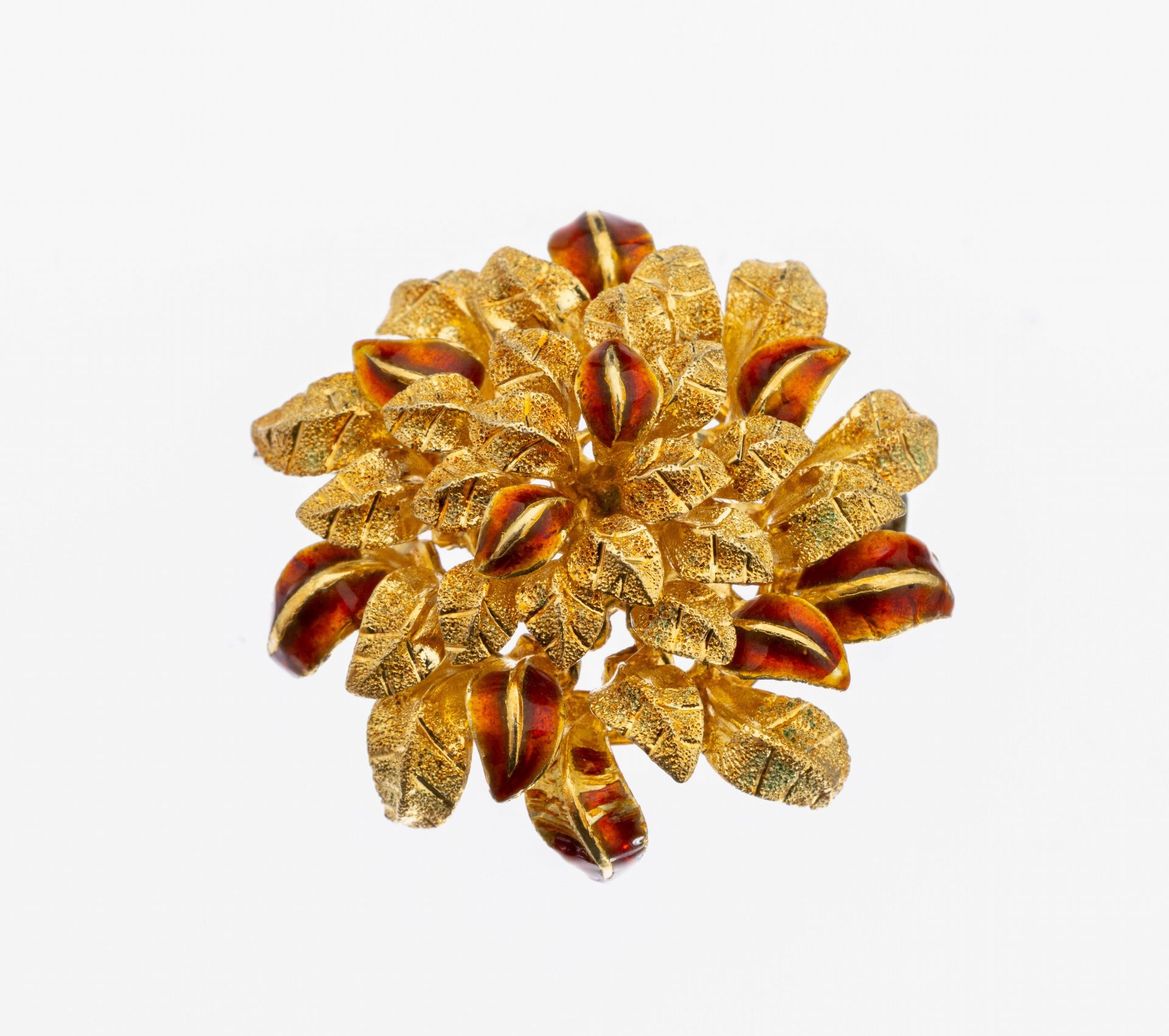 18 kt Gold Email-Brosche, GG 750/000, blütenförm.,