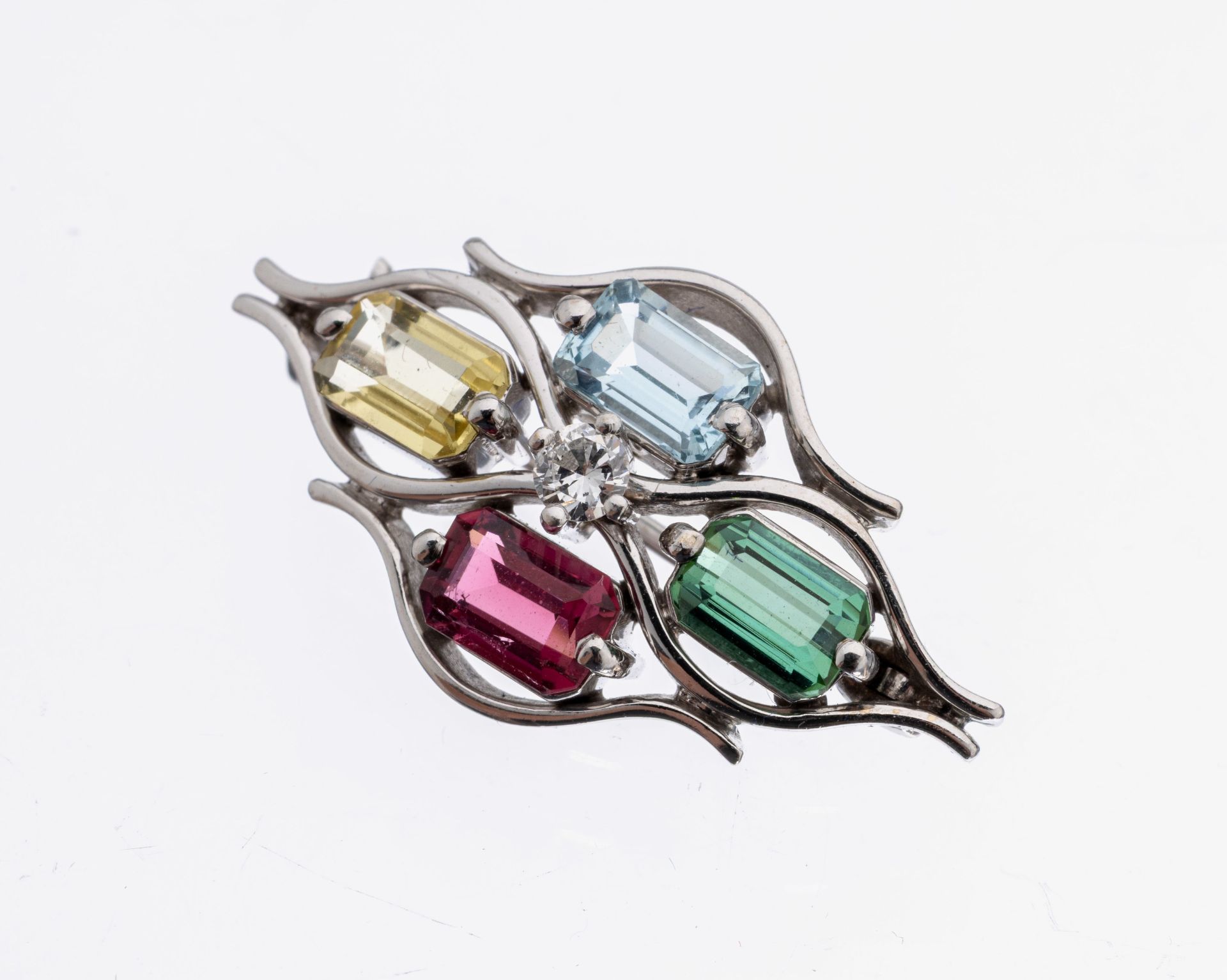 14 kt Gold Farbstein-Brillant-Brosche, WG 585/000, facett.