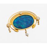 14 kt Gold Opal-Brillant-Perl-Brosche, GG 585/000, ovale