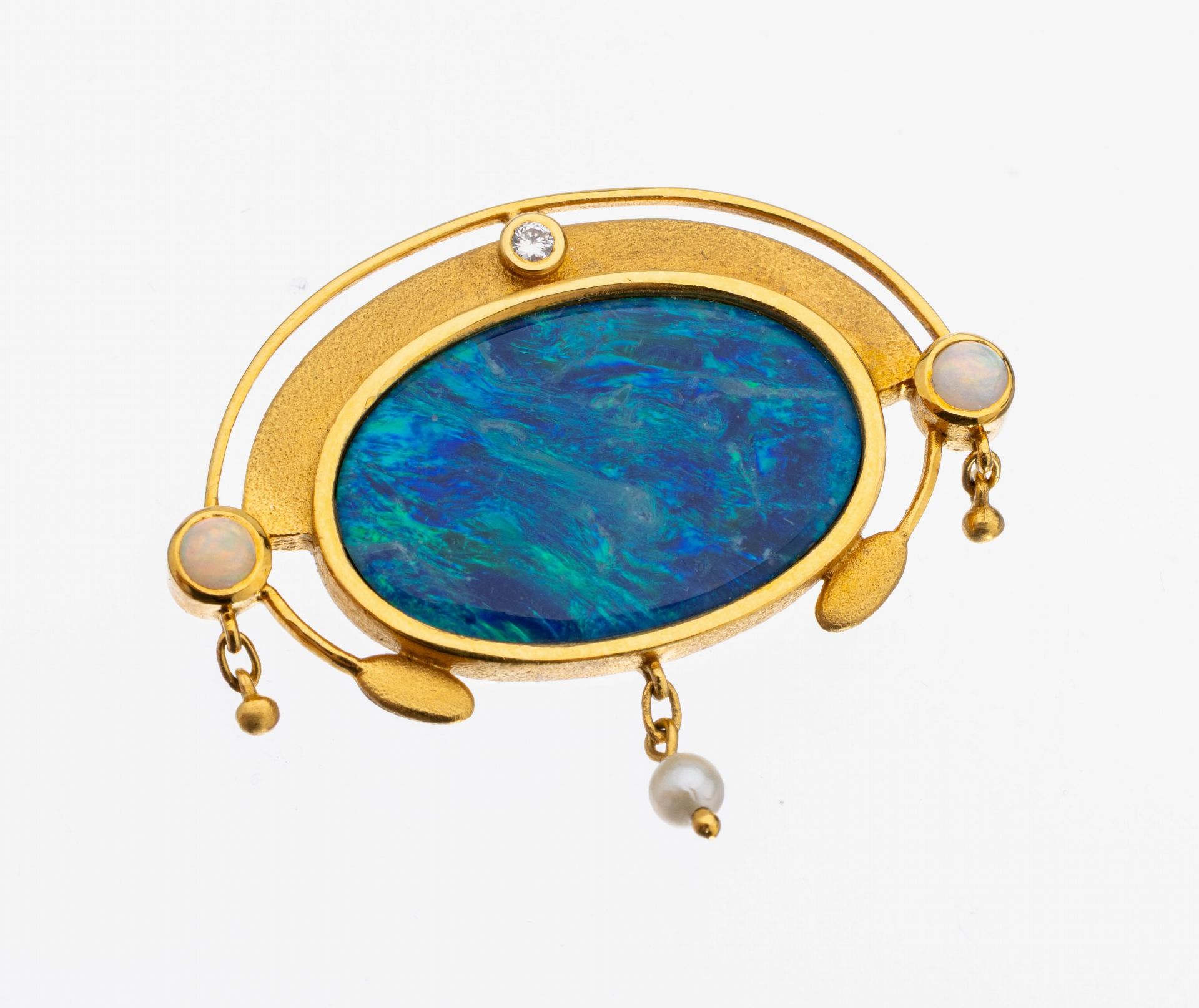 14 kt Gold Opal-Brillant-Perl-Brosche, GG 585/000, ovale