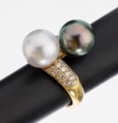 18 kt Gold Zuchtperl-Brillant-Ring, GG 750/000,