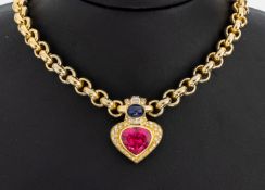18 kt Gold Rubellit-Saphir-Diamant-Collier, GG 750/000,