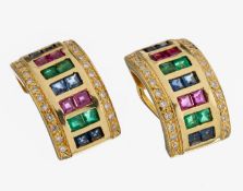 Paar 18 kt Gold Farbstein-Brillant-Ohrstecker, GG 750/000,