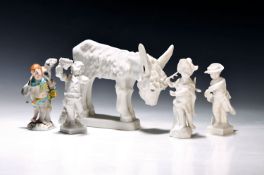 Fünf Porzellanfiguren, KPM Berlin, 20. Jh., Esel und vier