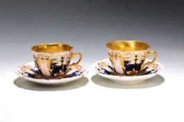 2 Tassen mit Untertassen, Meissen, um 1870, 1. Wahl, reich