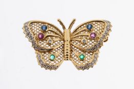 14 kt Gold Farbstein-Diamant-Brosche, GG 585/000,