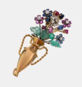 18 kt Gold Farbstein-Brillant-Brosche, 1940er Jahre, GG/WG