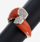 14 kt Gold Korallen-Diamant-Ring, GG/WG 585/000, 2
