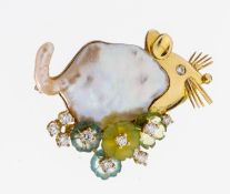 18 kt Gold Perl-Farbstein-Brillant-Brosche 'Maus', GG