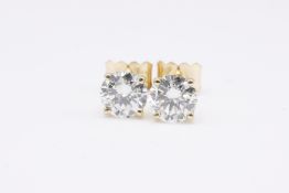 Natural 1.00ct F Colour SI Clarity Round Brilliant Cut Earrings - 18kt Yellow Gold - EDR Certificate