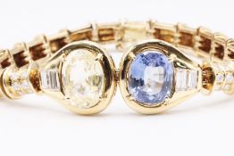 Natural Oval Yellow & Vivid Royal Blue Sapphire 18k Yellow Gold & Diamond Bracelet 13.07 Carat