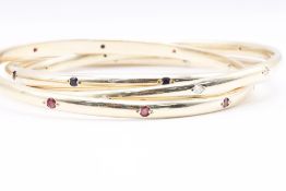 9kt Yellow Gold Triple Bangle Bracelet Set with Natural Sapphires,Rubies & Diamonds